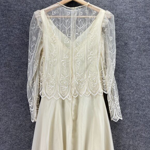 Vintage Dress Women 10 Beige Maxi Long Zipper Long Sleeve Ruffle Crew Neck - Picture 7 of 12